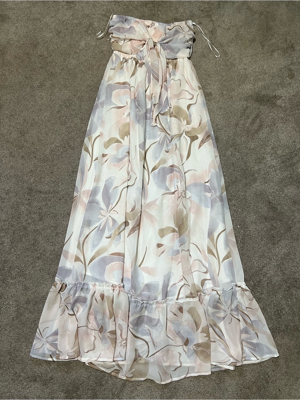 White Birch Floral Flowy Strapless Maxi Dress White Purple Tan size small